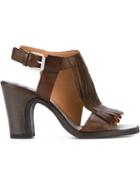 Buttero Fringed Chunky Heel Sandals, Women's, Size: 40, Brown, Calf Leather/leather