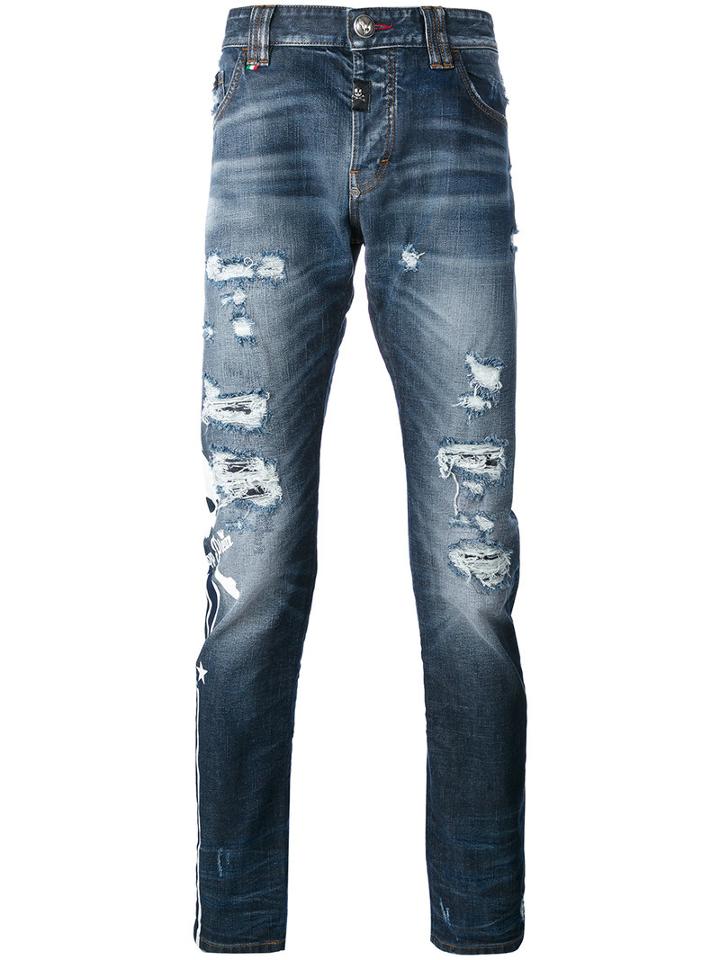 Philipp Plein - Distressed Slim-fit Jeans - Men - Cotton/polyester/spandex/elastane - 34, Blue, Cotton/polyester/spandex/elastane