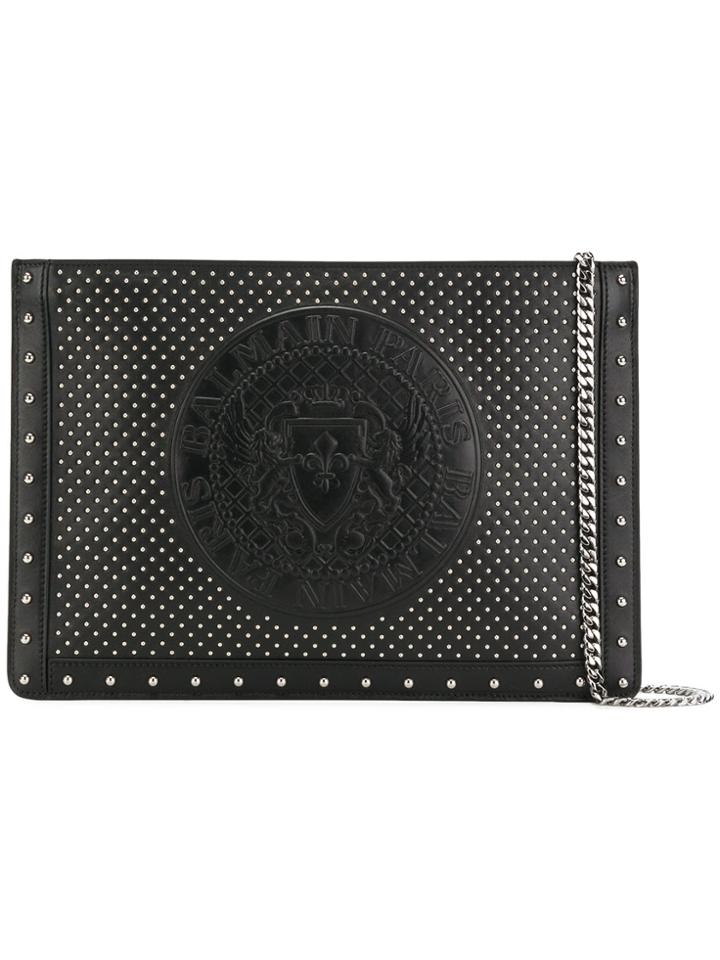 Balmain Medallion-embossed Studded Clutch - Black