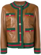 Gucci Web Trim Leather Jacket - Brown