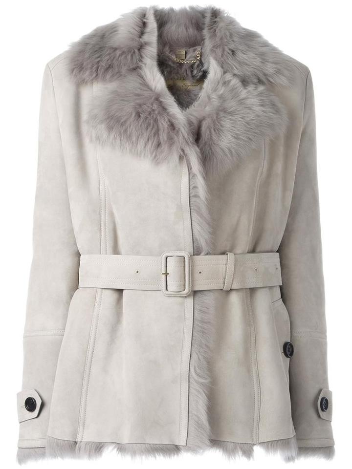 Burberry Belted Jacket, Women's, Size: 12, Grey, Lamb Skin/sheep Skin/shearling