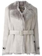 Burberry Belted Jacket, Women's, Size: 12, Grey, Lamb Skin/sheep Skin/shearling