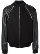 Les Hommes Leather Sleeve Bomber Jacket, Men's, Size: 52, Black, Leather/polyamide/polyester/virgin Wool