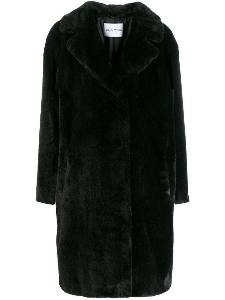 Stand Faux Fur Trench Coat - Black