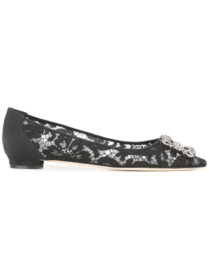 Manolo Blahnik Hangisi Lace Ballerinas - Black