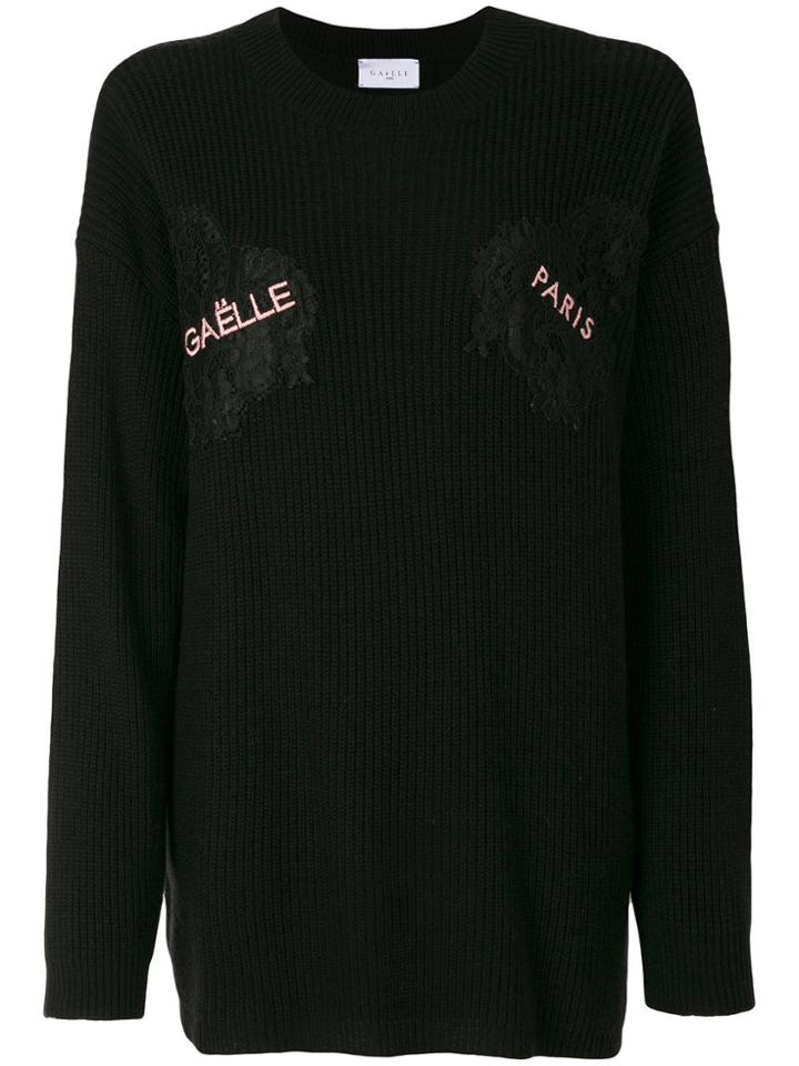Gaelle Bonheur Ribbed Lace Detail Logo Sweater - Black