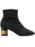 Moschino Logo Heel Square Toe Ankle Boots - Black