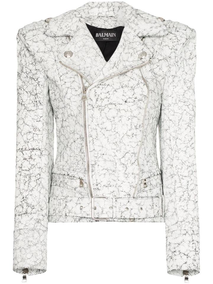 Balmain Cracked Effect Biker Jacket - White