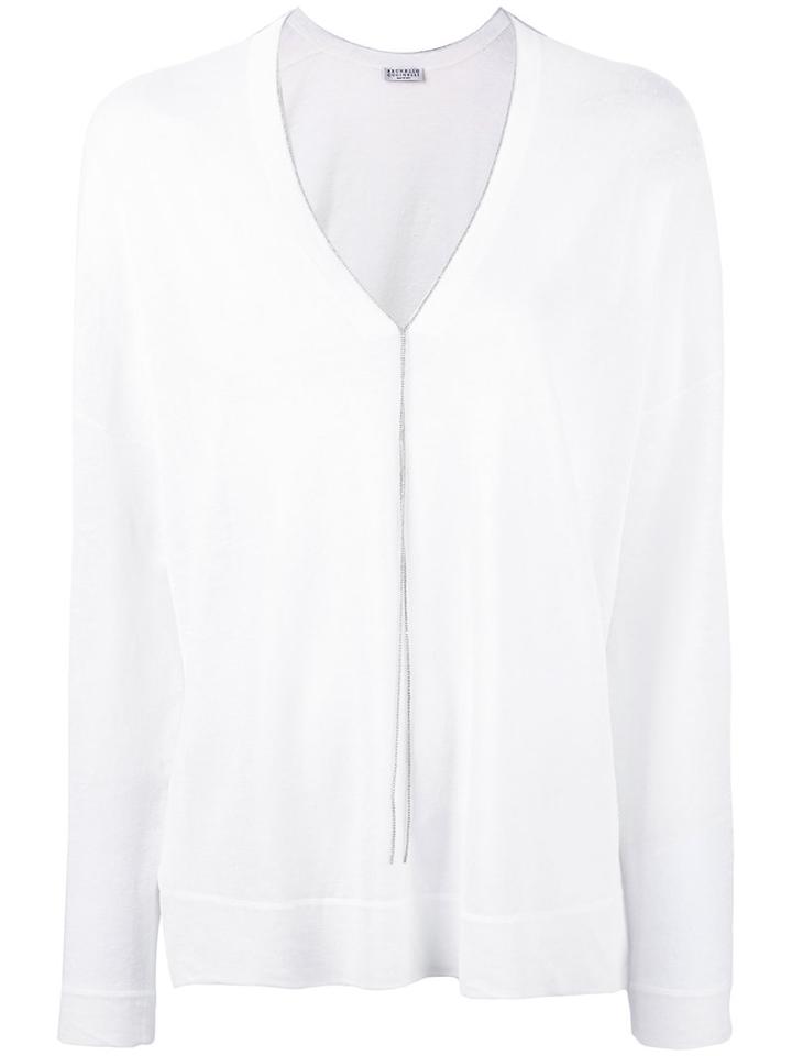 Brunello Cucinelli - V-neck Knitted Top - Women - Linen/flax/polyamide - S, White, Linen/flax/polyamide