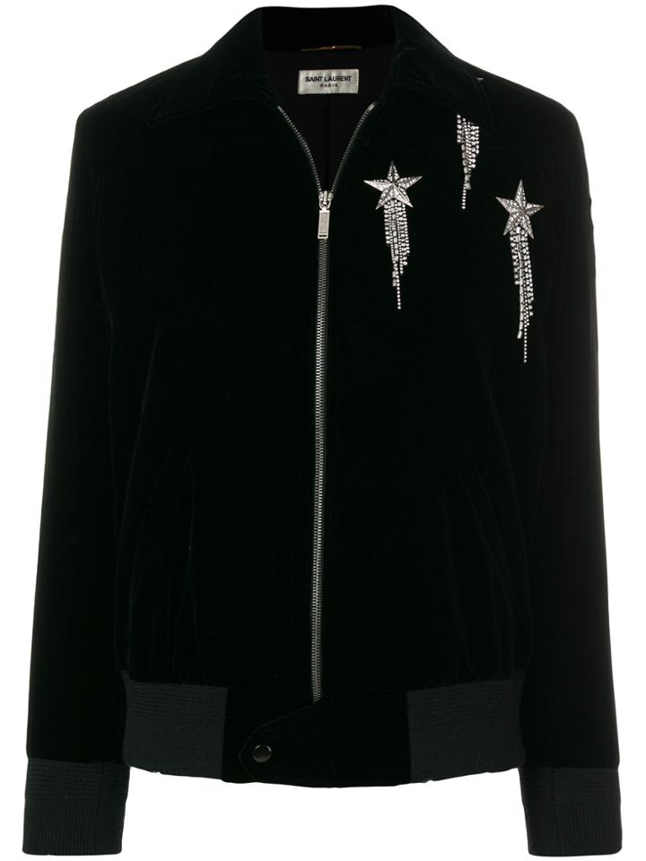 Saint Laurent Velvet Star Embellished Bomber Jacket - Black