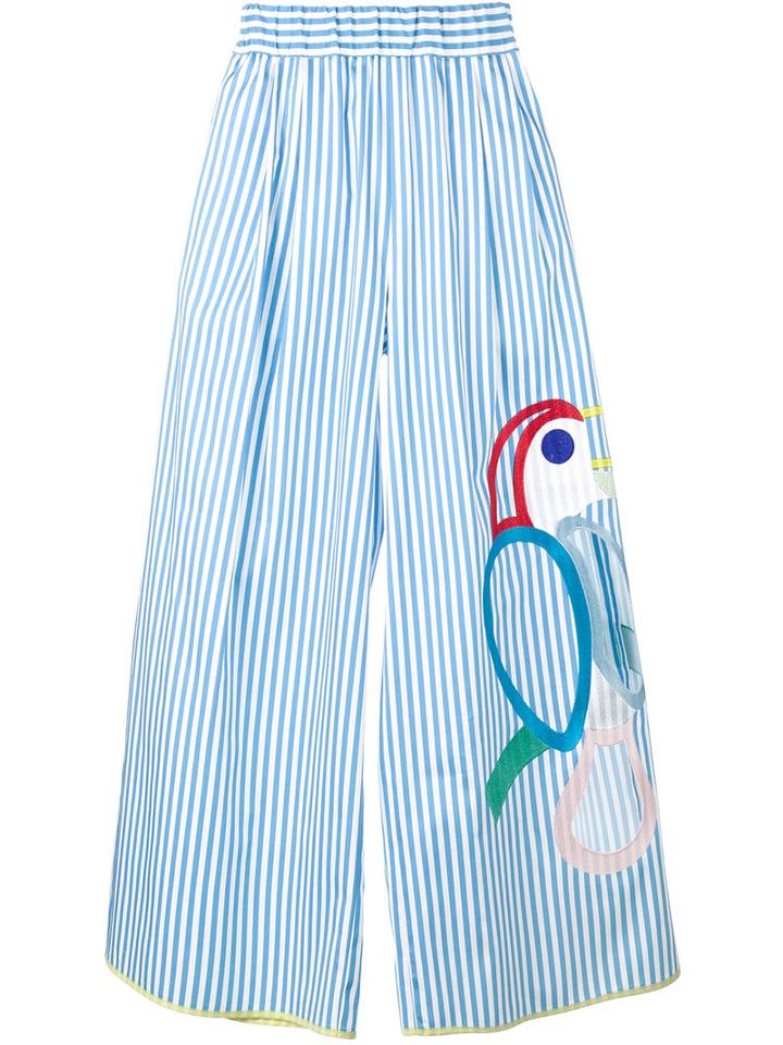 Mira Mikati - Embroidered Wide-leg Trousers - Women - Cotton/spandex/elastane - 42, Women's, Blue, Cotton/spandex/elastane