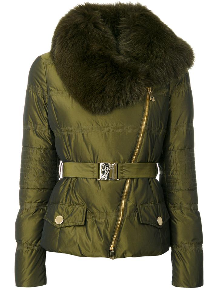 Versace Collection Fur Trim Belted Coat - Green