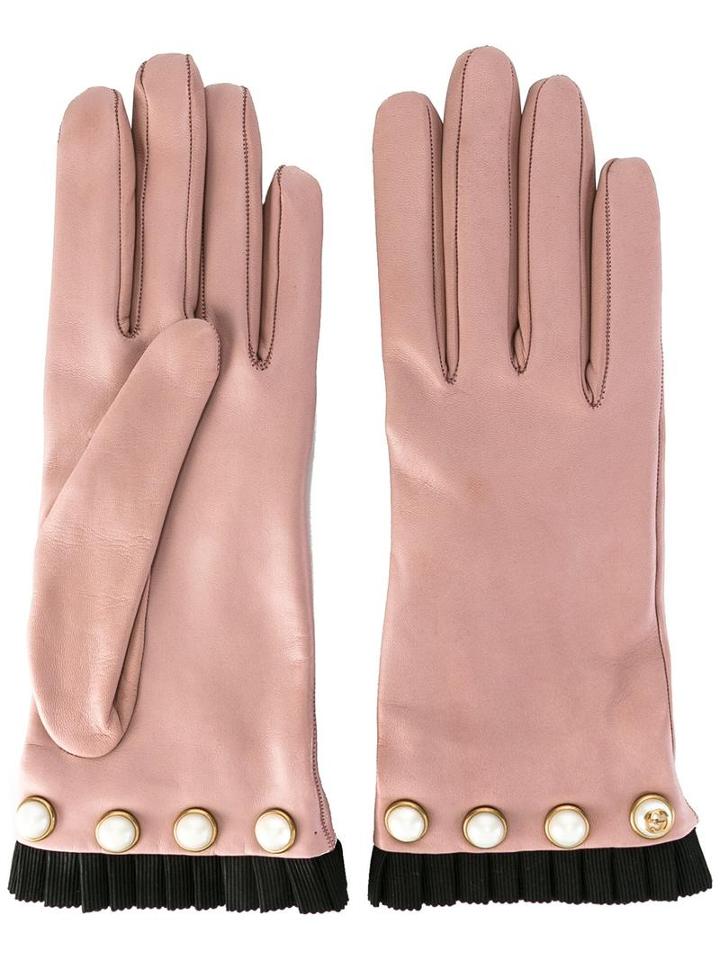Gucci Pearl Embellished Gloves, Women's, Size: 7.5, Pink/purple, Lamb Skin/viscose/cotton/silk