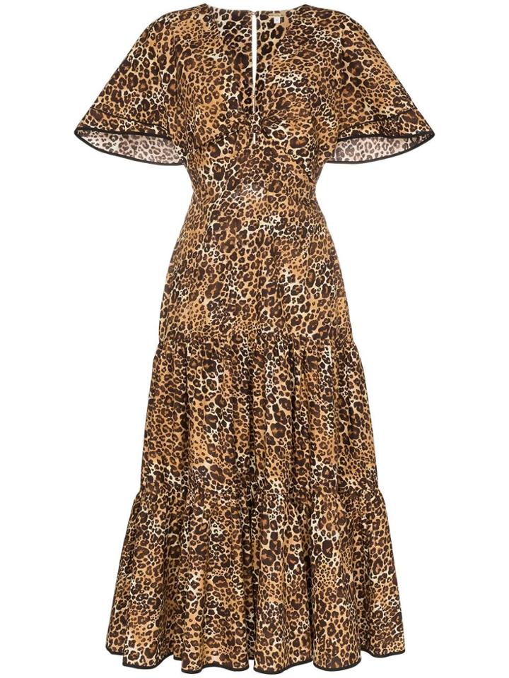 Johanna Ortiz Leopard Print Ruffled Midi-dress - Brown