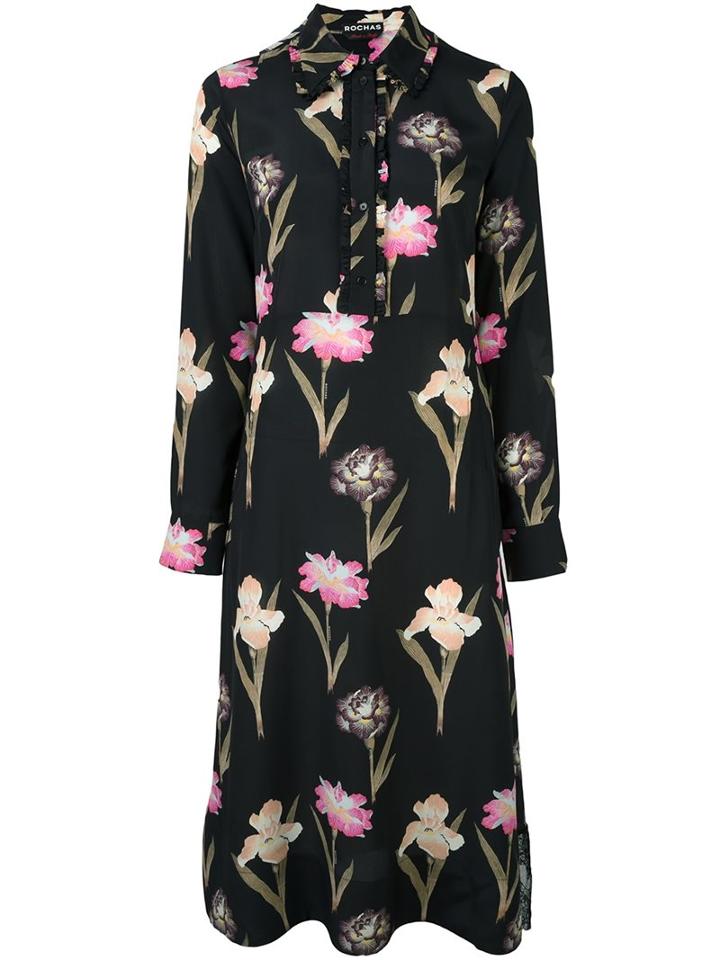 Rochas Floral Print Longsleeved Dress, Women's, Size: 40, Black, Silk