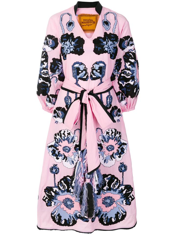 Yulia Magdych Poppy Embroidered Tie Waist Dress - Pink & Purple