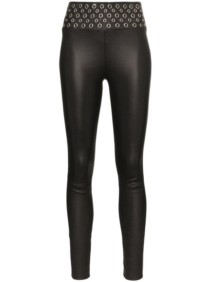 Sprwmn High Waisted Eyelet Detail Leather Leggings - Black