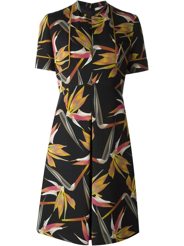 Fendi Bird Of Paradise Flower Print Dress, Women's, Size: 48, Black, Silk