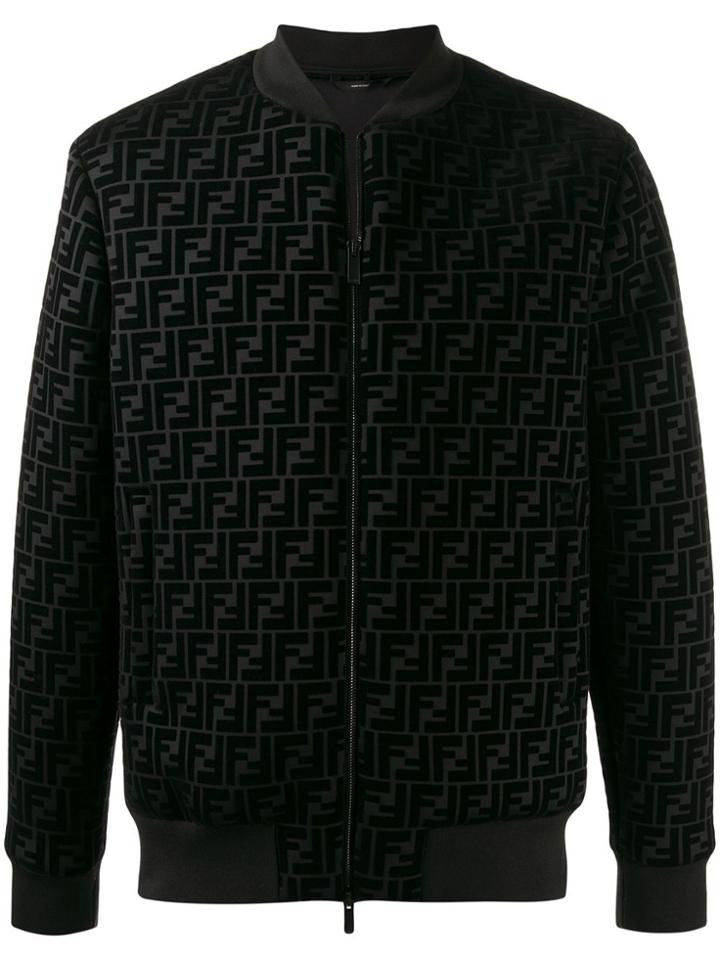 Fendi Logo Textured Bomber Jacket - Black