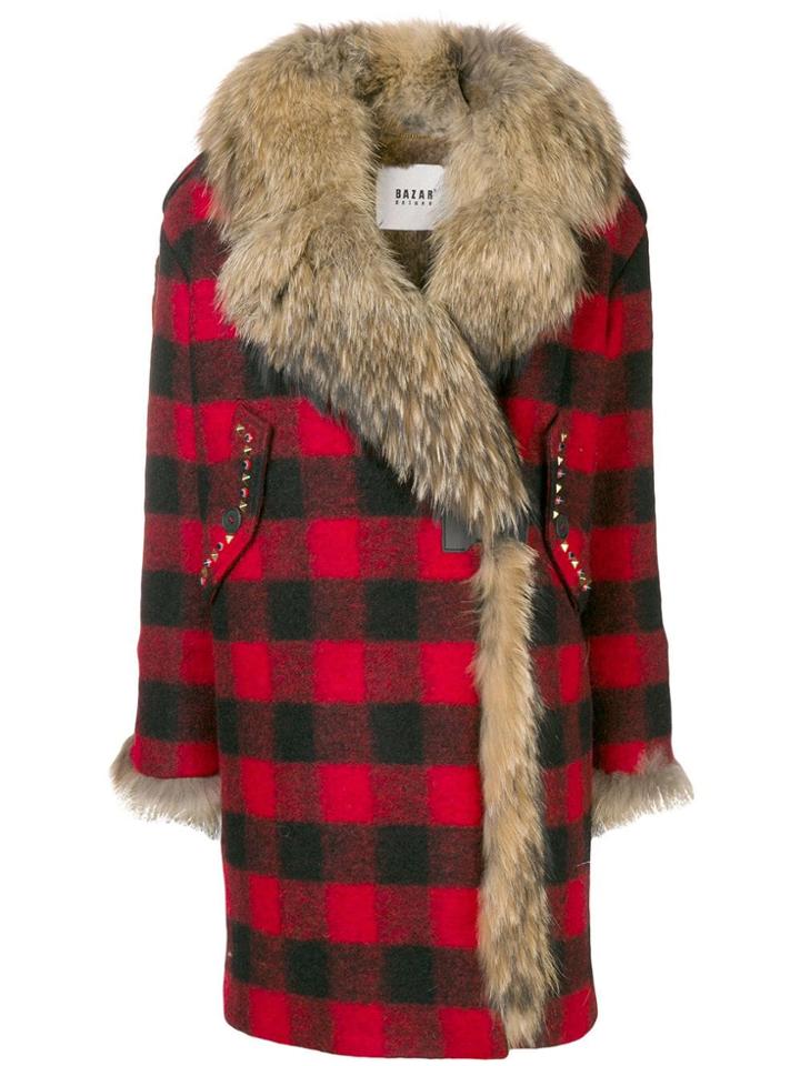 Bazar Deluxe Racoon Fur-lined Checkered Coat
