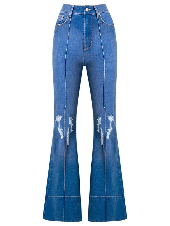 Amapô Distressed High Waist Flared Jeans, Women's, Size: 36, Blue, Cotton/elastodiene