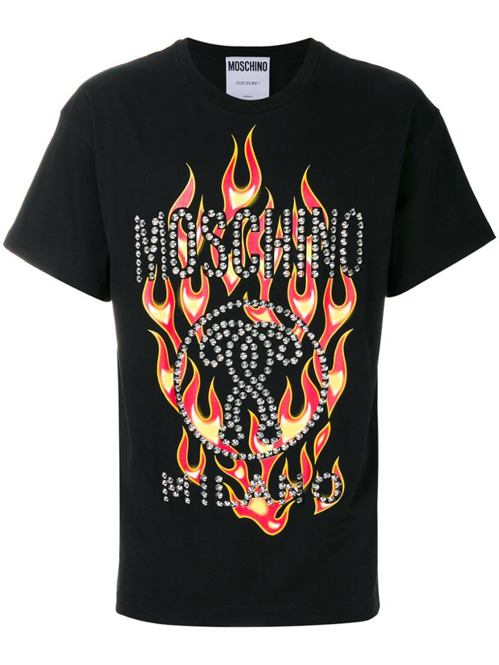 Moschino Fire Print And Studded T-shirt - Black