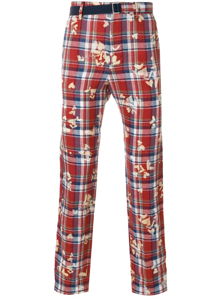 Sacai Bleach-effect Checked Trousers - Red