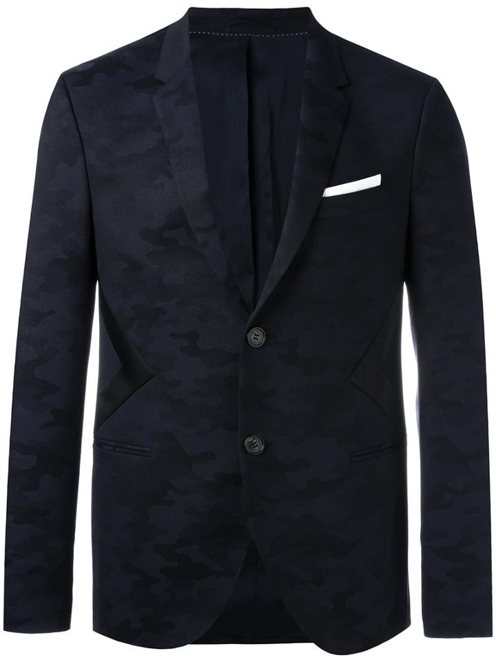 Neil Barrett Panelled Camouflage Blazer, Men's, Size: 48, Blue, Virgin Wool/polyurethane/polyamide/polyester