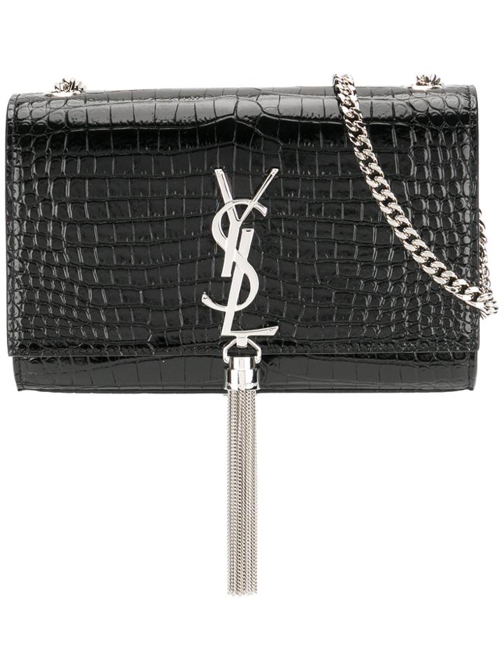 Saint Laurent Crocodile Embossed Kate Tassel Chain Wallet - Black