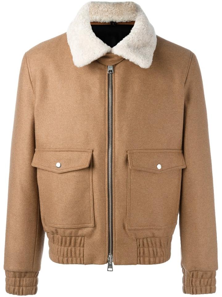 Ami Alexandre Mattiussi Shearling Collar Zipped Jacket, Men's, Size: Small, Nude/neutrals, Cotton/sheep Skin/shearling/polyamide/wool
