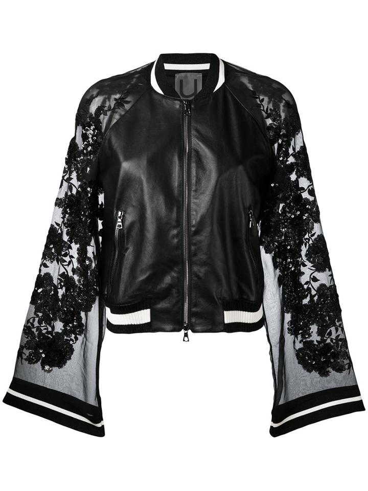 Aviù - Sheer Sleeves Bomber Jacket - Women - Silk/leather/polyester/spandex/elastane - S, Black, Silk/leather/polyester/spandex/elastane