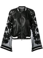 Aviù - Sheer Sleeves Bomber Jacket - Women - Silk/leather/polyester/spandex/elastane - S, Black, Silk/leather/polyester/spandex/elastane