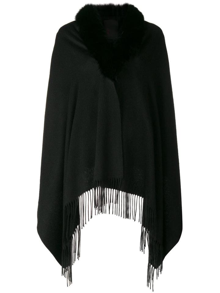 Liska Fur Collar Poncho - Black