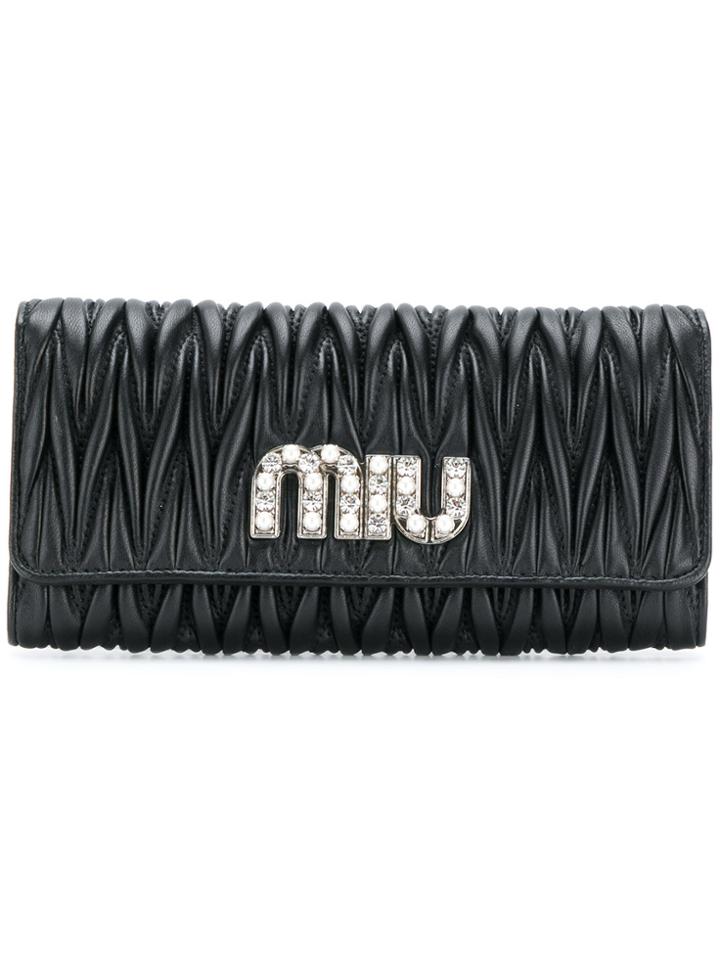 Miu Miu Pleated Logo Plaque Wallet - Black