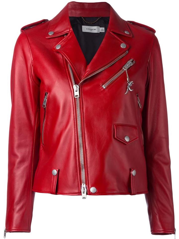 Coach Studded Detailing Biker Jacket, Women's, Size: 6, Red, Viscose/lamb Skin