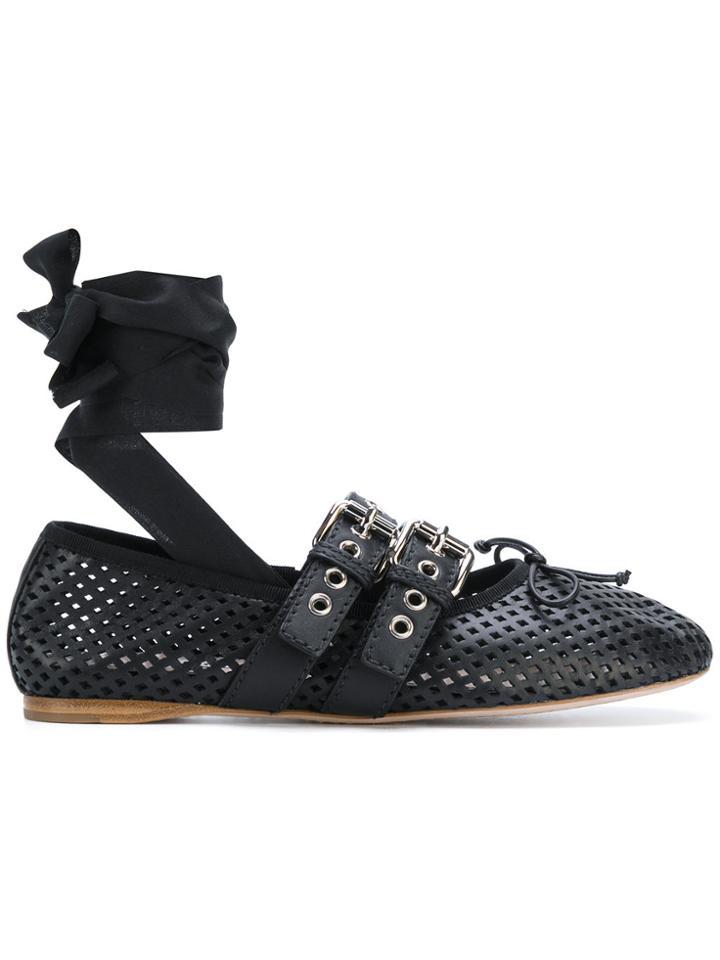 Miu Miu Ribbon Detail Buckled Ballerinas - Black
