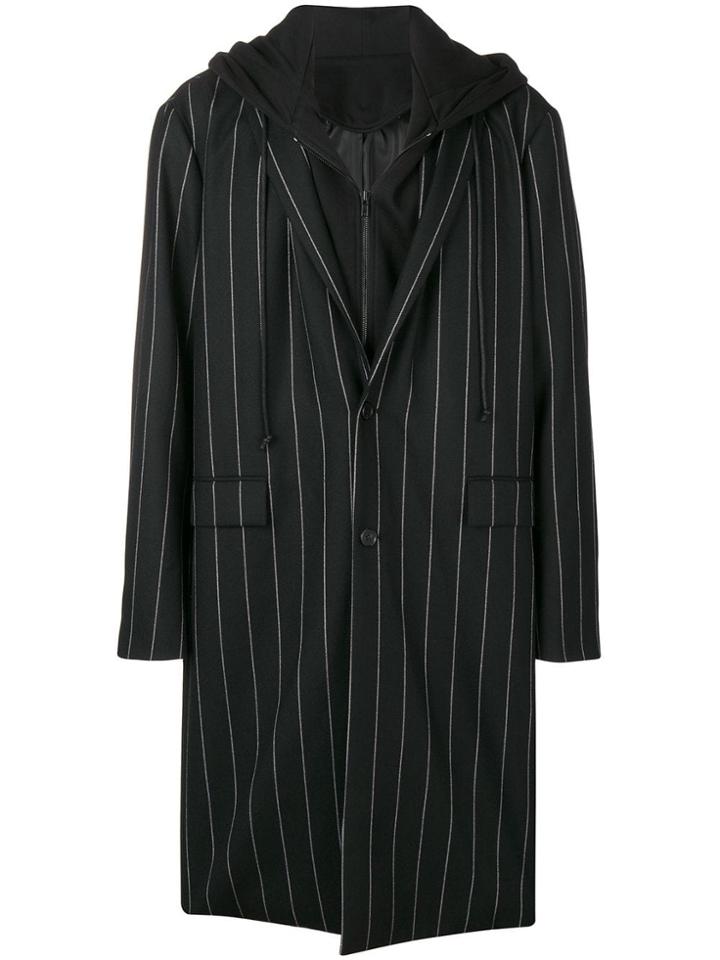 Juun.j Oversized Pinstripe Hooded Coat - Black