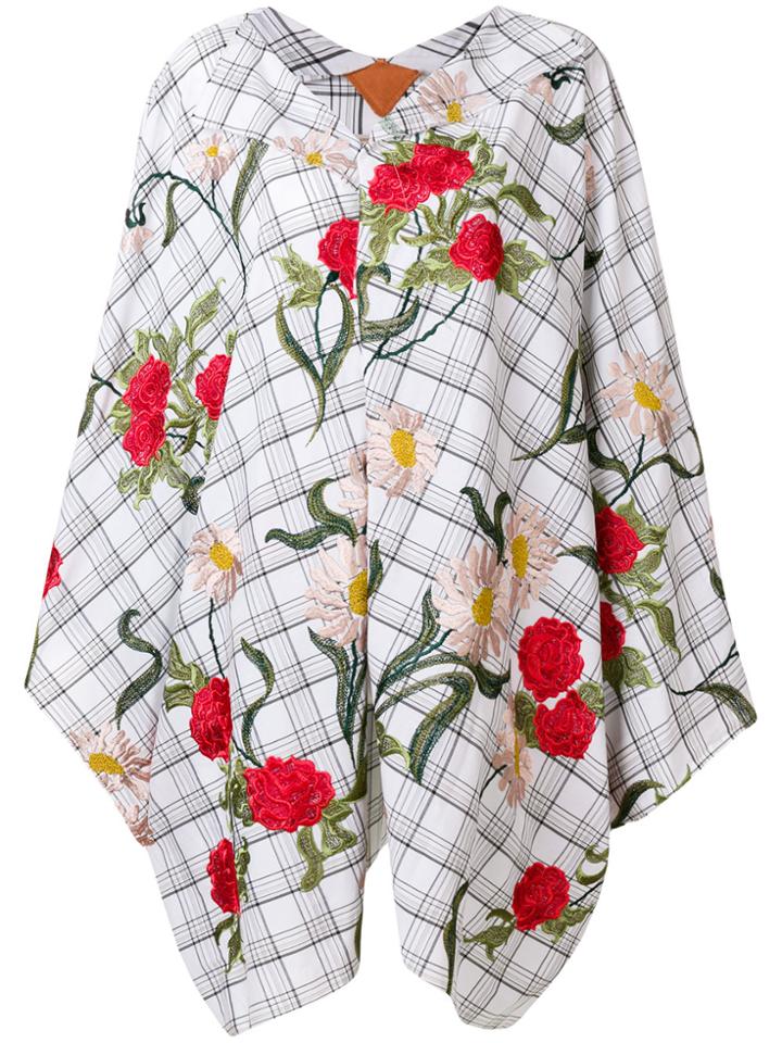 Ermanno Gallamini Flower Embroidered Checked Cape - White