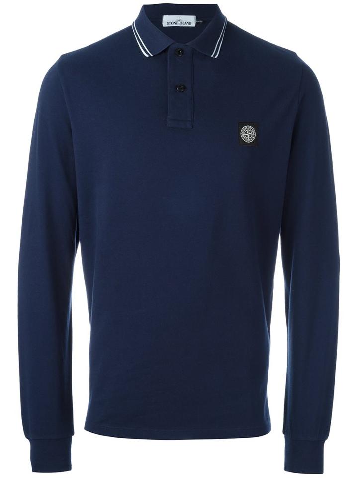 Stone Island Logo Patch Polo Shirt, Men's, Size: Medium, Blue, Cotton/spandex/elastane