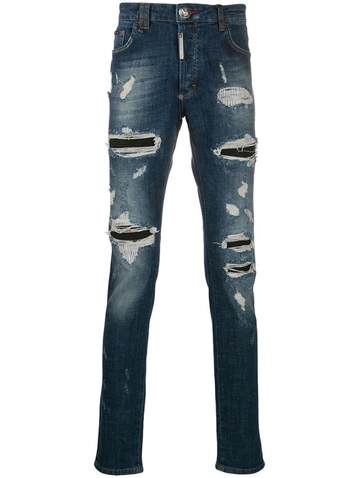Philipp Plein Destroyed Straight Cut Jeans - Blue