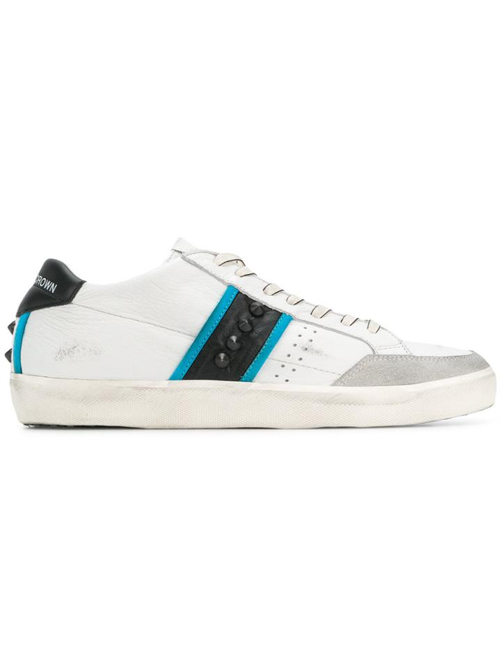 Leather Crown Studded Lace-up Sneakers - White