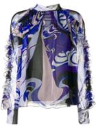 Emilio Pucci Hanami Print High Neck Silk Ruffled Blouse - Blue