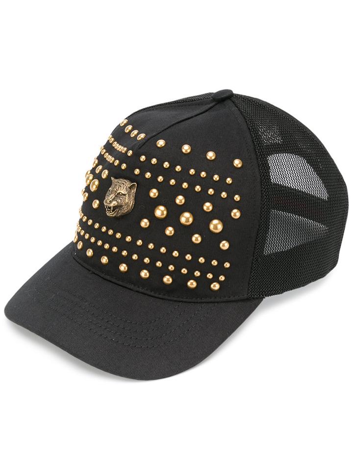 Gucci Studded Tiger's Head Baseball Cap, Women's, Size: Medium, Black, Cotton/polyamide