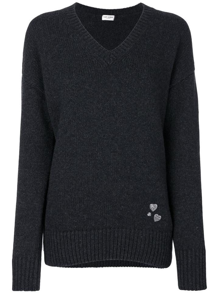 Saint Laurent - Heart Pin Knitted Jumper - Women - Cashmere - S, Grey, Cashmere