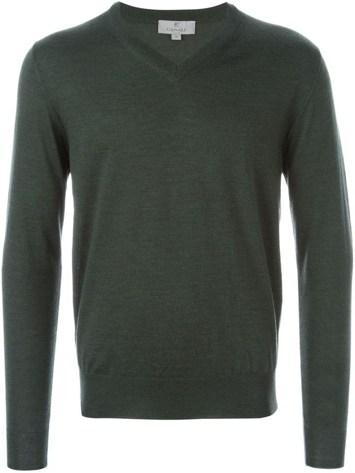 Canali V-neck Sweater, Men's, Size: 54, Green, Wool