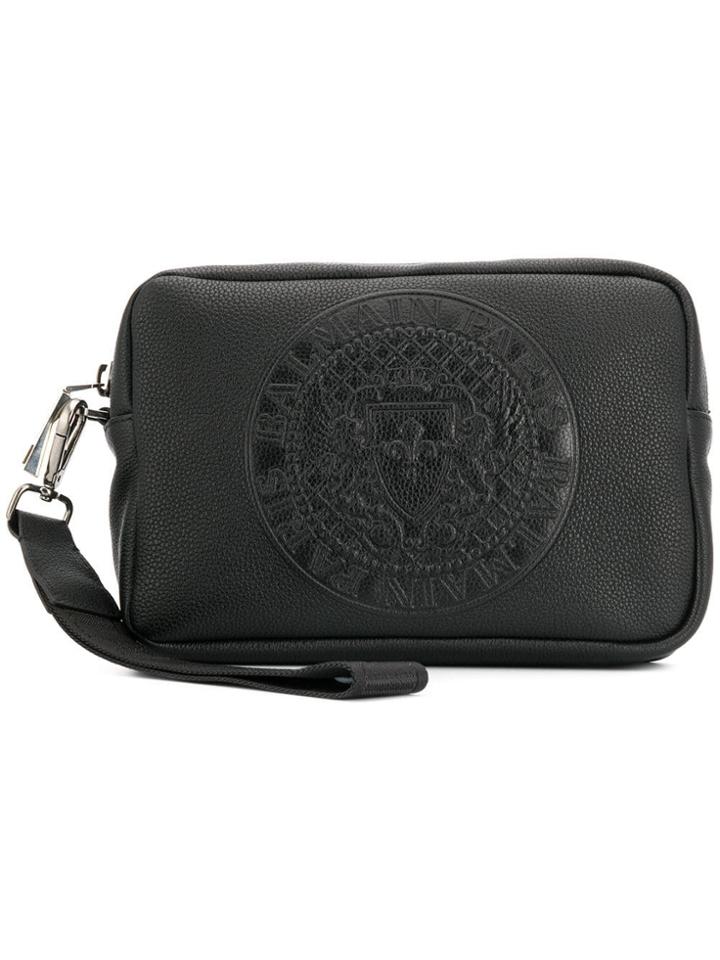 Balmain Embossed Crest Clutch - Black