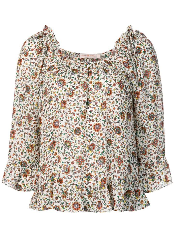 Tory Burch Printed Ruffle Blouse - White