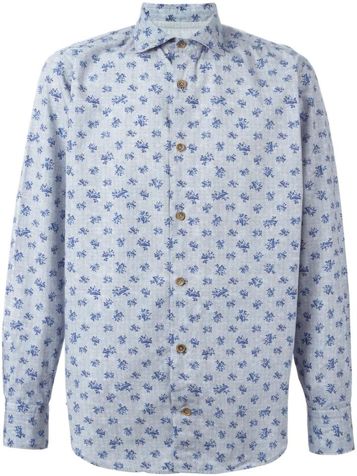 Eleventy Floral Print Shirt, Men's, Size: 43, Blue, Cotton