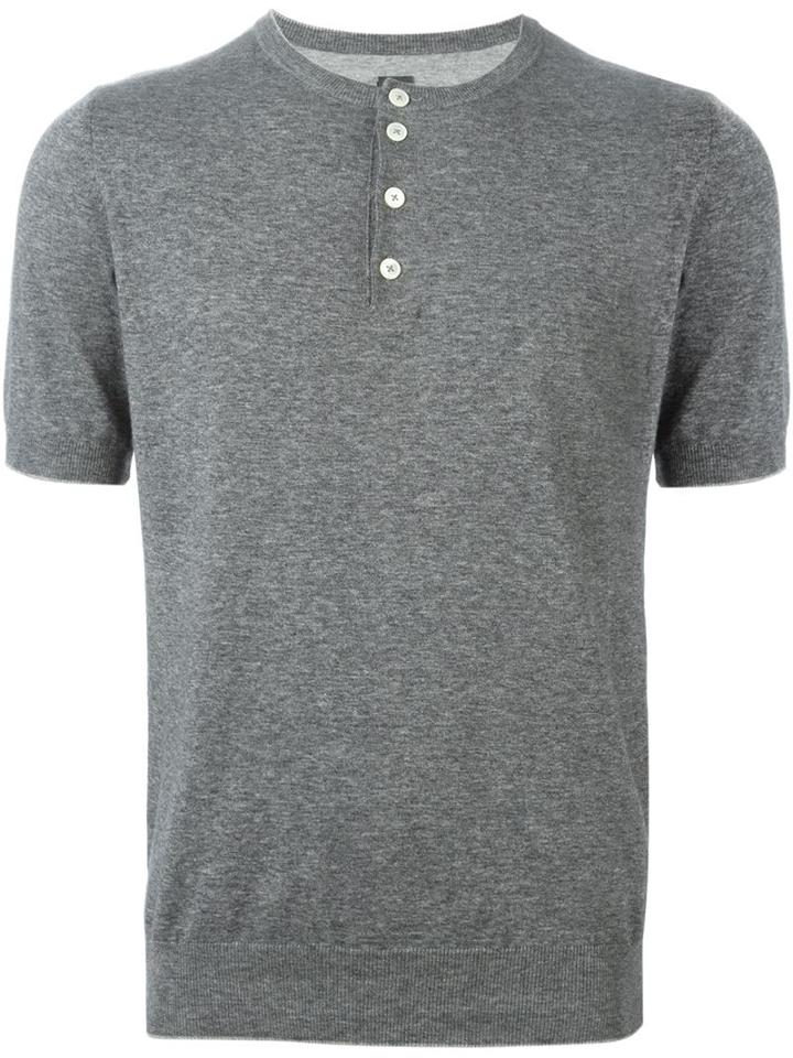 Eleventy Collarless Polo Shirt, Men's, Size: Large, Grey, Cotton