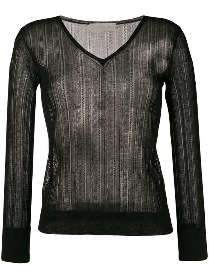L'autre Chose Lightweight Crochet V-neck Sweater - Black